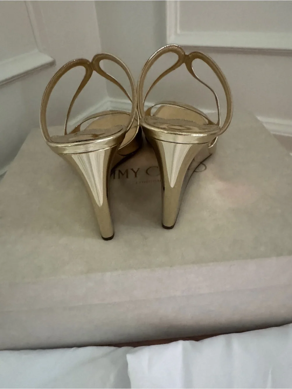 Jimmy Choo Gold Anise Liquid Metal Wedge Sandals 38.5
